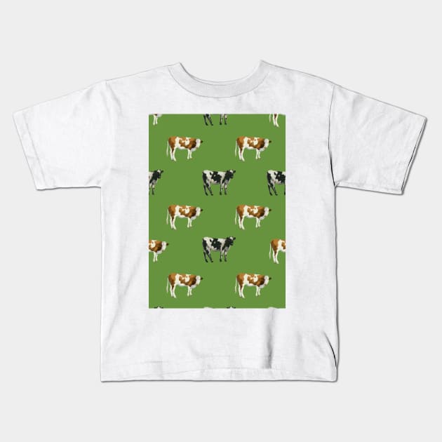 Brush Painted Cow Pattern On Green Kids T-Shirt by okpinsArtDesign